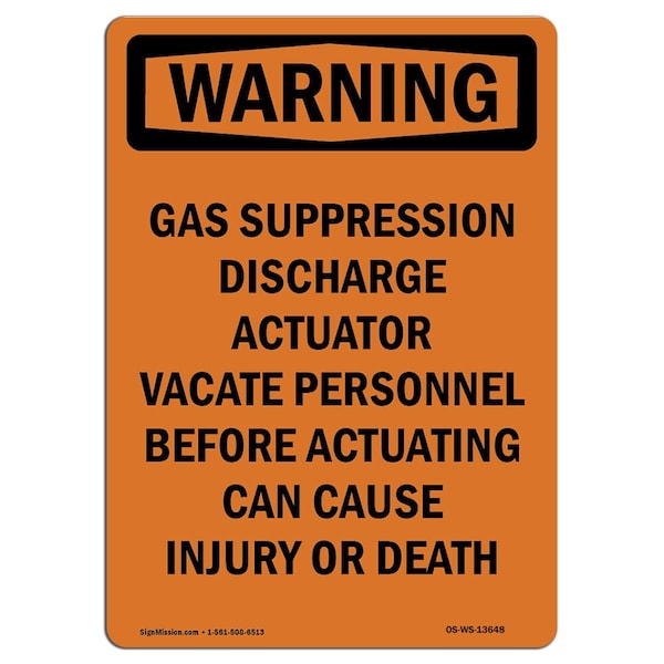 Safety Sign, OSHA WARNING, 5" Height, Gas Suppression Discharge, Portrait, 10PK